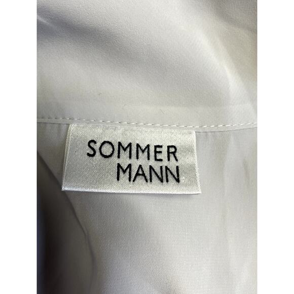 SOMMER MANN Long Sleeve Button Down Padded Shoulder Tie Neck Blouse Size 40 - Picture 8 of 11